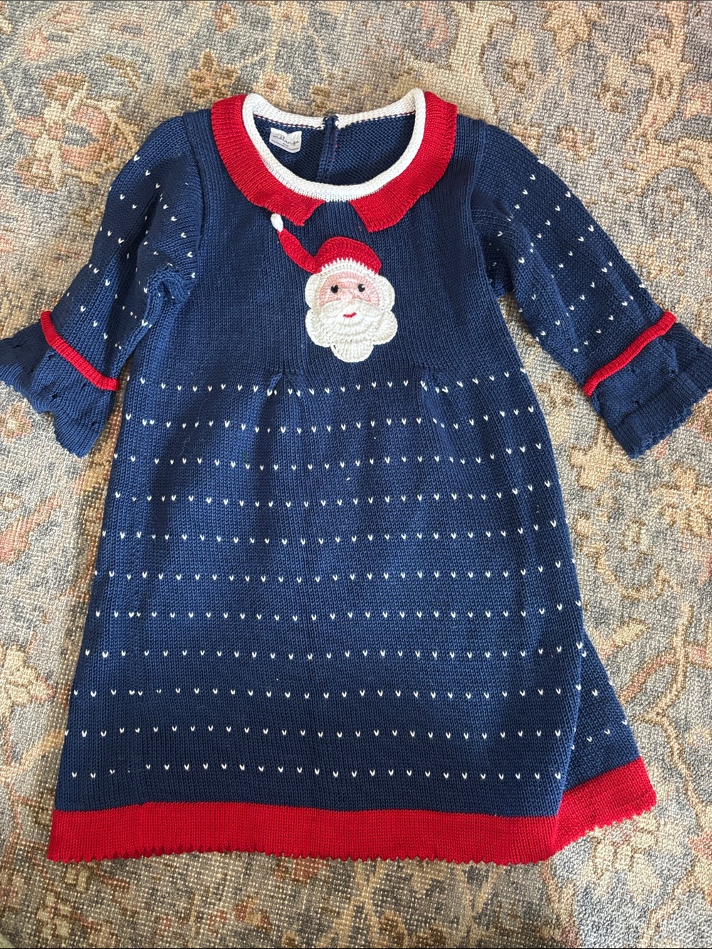 Melange Navy Knit Dress with Red & White Holiday Trim